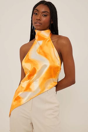 Yellow Print Asymmetric Halter Neck Satin Top