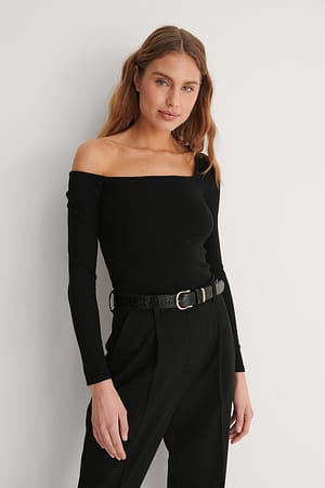 Black Asymmetric Shoulder Ribbed Top
