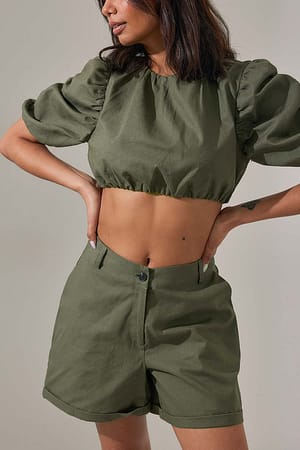 Dark Beige Asymmetric Waist Linen Blend Shorts