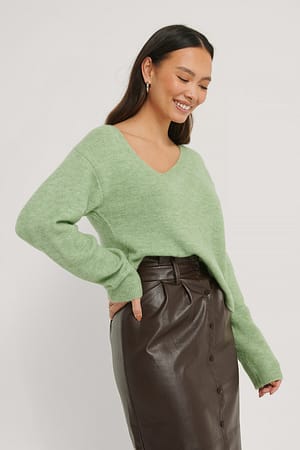 Green Asymmetric Neckline Knitted Sweater