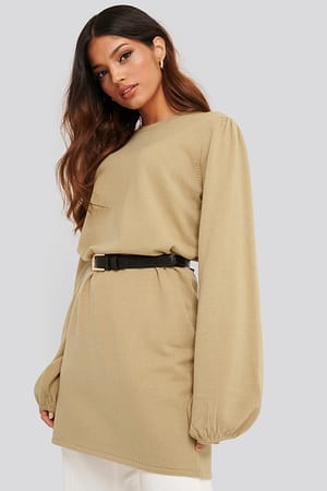 Beige Balloon Sleeve Knitted Long Sweater