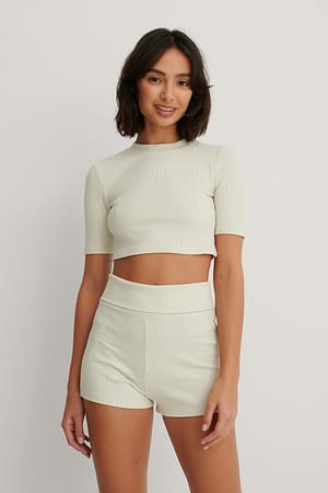 Dusty Light Beige Basic Ribbet Shorts Med Høyt Liv