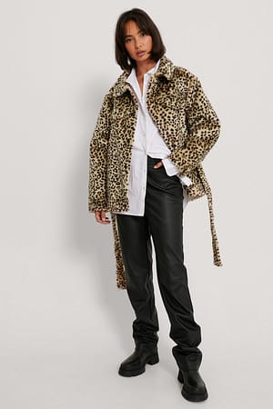 White/Black Belted Faux Fur Jacket