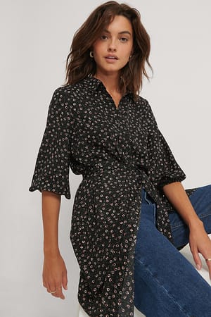 Black Flower Robe Mi-Longue