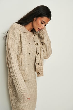 Beige Melange Strick-Cardigan mit geflochtenem Detail
