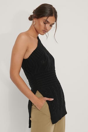 Black Cable Knit One Shoulder Sweater
