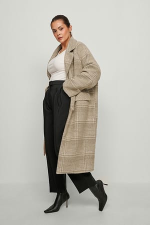 Beige Checked Oversized Coat