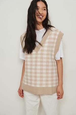 Beige/White Kariert Strickweste mit V-Ausschnitt