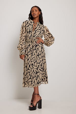 Black Print Midi-chiffonjurk