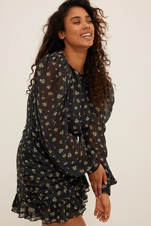 Peach Flower Chiffon mini-jurk met pofmouwen