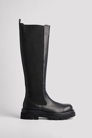 Black Chunky Leather Profile Shaft Boots