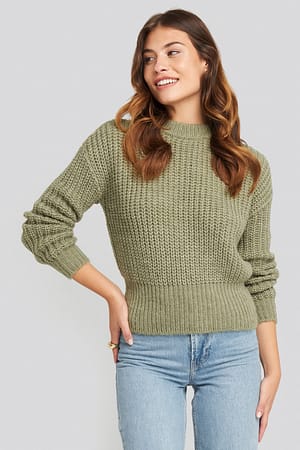 Green Chunky Ribbed Wool Blend Sweater