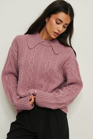 Old Rose Collar Detail Cable Knitted Sweater