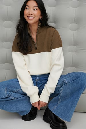 Beige Combo Colourblock Zip Sweater