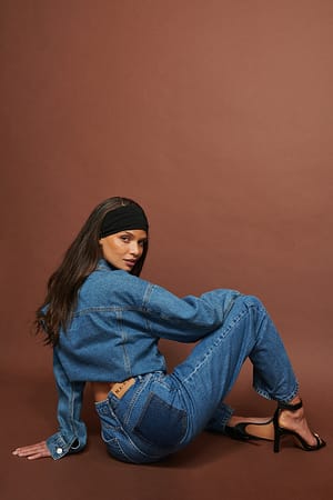 Mid Blue Contrast Pocket High Waist Denim