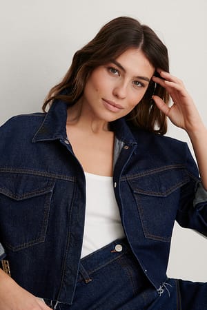 Dark Blue Cropped Denim Raw Hem Shirt