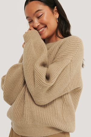 Beige Melange Trui Met Ronde Hals
