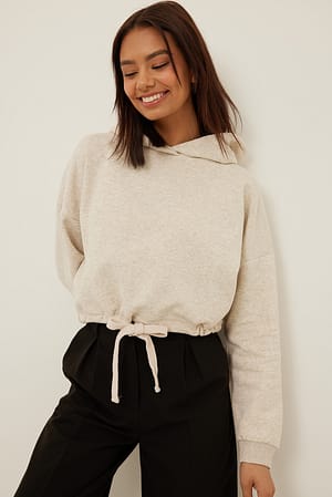 Beige Melange Cropped Drawstring Detail Hoodie