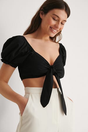 Black Cropped Tie Front Top