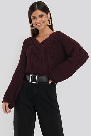 Bordeaux Kurzer Strickpullover mit U-Boot-Ausschnitt