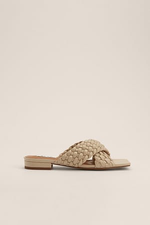 Beige Crossed Braided Flats