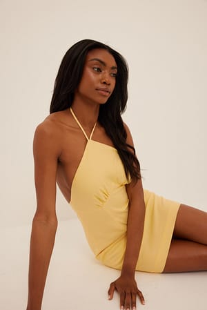 Yellow Cups Details Linen Mini Dress