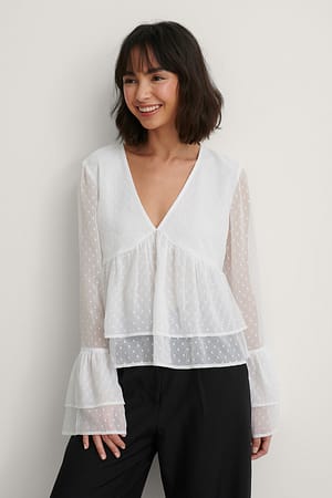 White Dobby Flounce Blouse