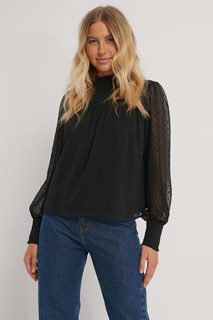 Black Dobby Smocked Frill Neck Blouse
