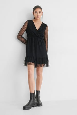 Black Dot Detail Chiffon Dress