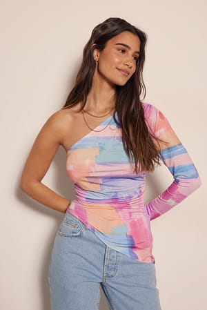 Pink Print Draped One Sleeve Top