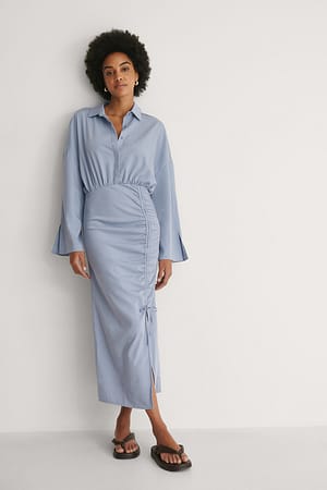 Dusty Blue Jurk Met Trekkoorddetail