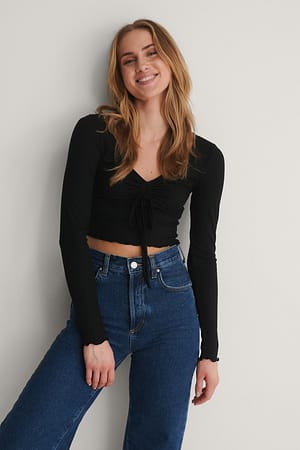 Black Drawstring Detail Long Sleeve Top
