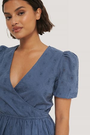 Dark Blue Embroidery Overlap Blouse