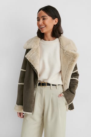 Brown Faux Fur Detail Aviator Jacket