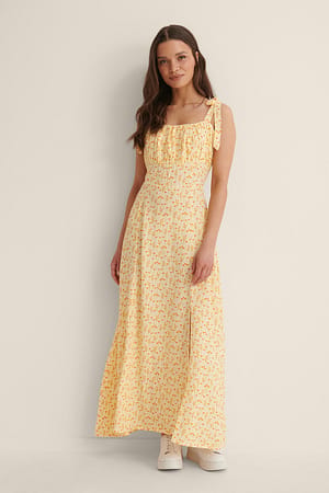 Yellow Print Tie Strap Midi Dress
