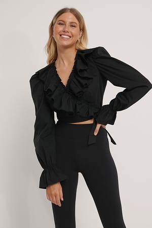 Black Flowy Overlap LS Blouse