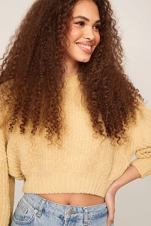 Olive Green Pluizig gebreide sweater met ronde hals
