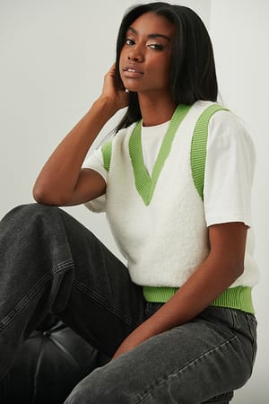 White Fluffy V-Neck Stripe Detail Vest