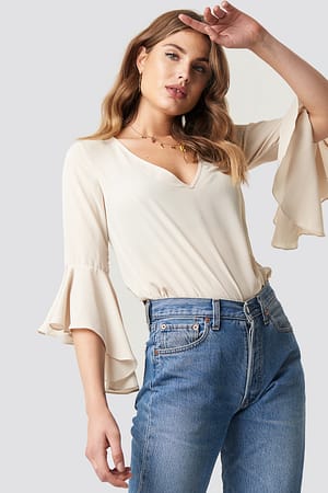Light Beige Flounced Sleeve V-Neck Blouse