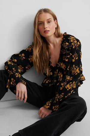 Orange flower Frill Drawstring Blouse