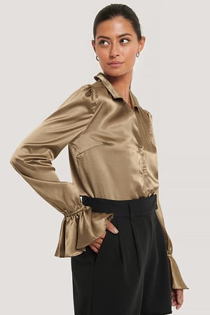 Beige Frill Sleeve Satin Shirt