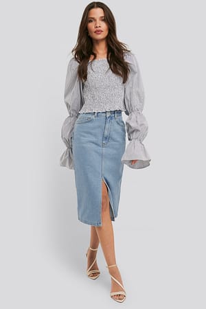 Light Blue Wash Front Split Midi Denim Skirt