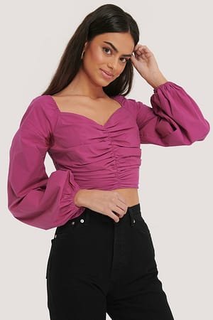 Fuchsia Baumwollbluse mit Raffung vorne