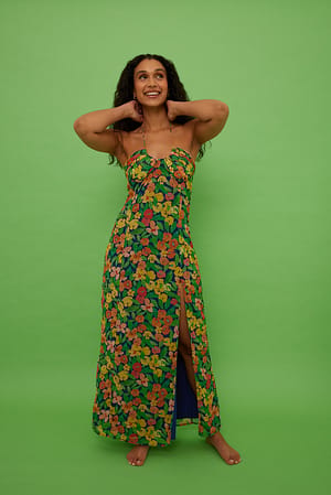 Floral Navy Gathered Halterneck Maxi Dress
