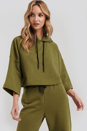 Green Half Sleeve Cropped Hoodie