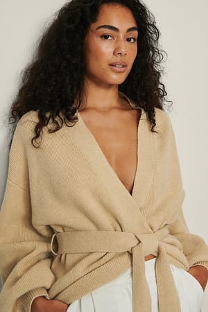 Beige Melange Schwerer langer Strick-Cardigan