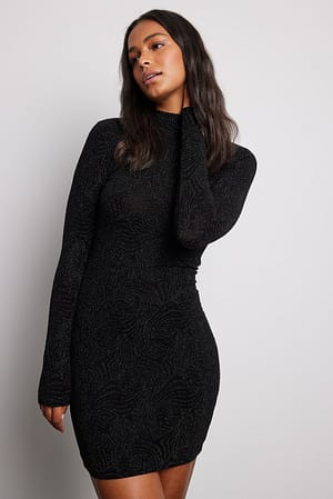 Black Glitzer-Minikleid mit hohem Kragen