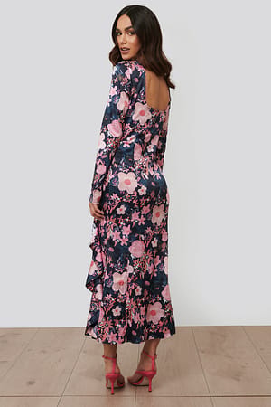 Dark Poppy Flower High Neck Midi Dress