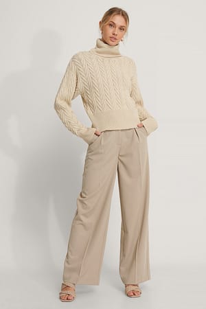 Light Beige High Neck Pattern Knit Sweater