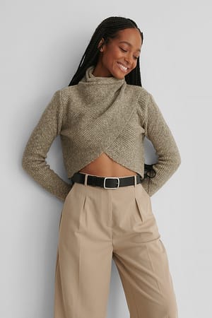 Beige Melange High Neck Wrapped Knitted Sweater